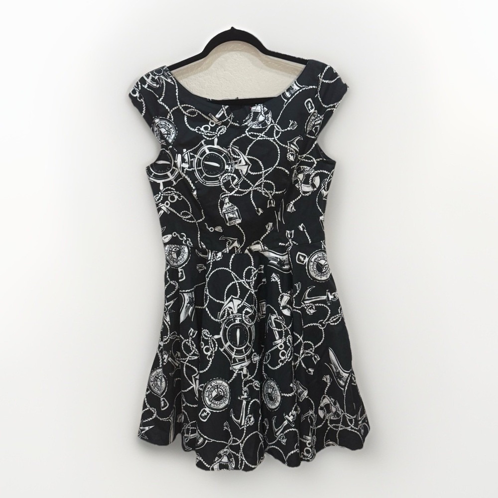 Hell Bunny Fit Flare Dress Sz M Black‎ Nautical Grunge Goth Punk Rockabilly
